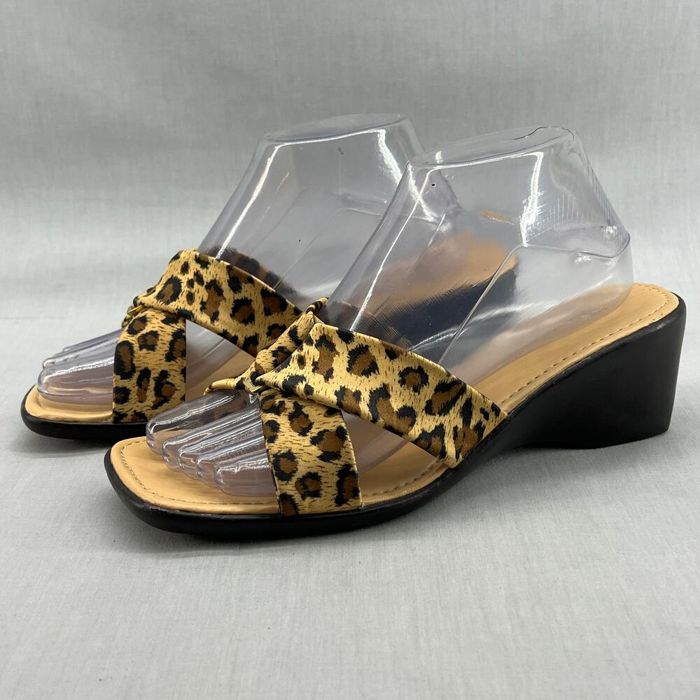 New Twist Slip On Strap Wedge Heel Sandal- Leopard -Tan-Black-Women Size 8
